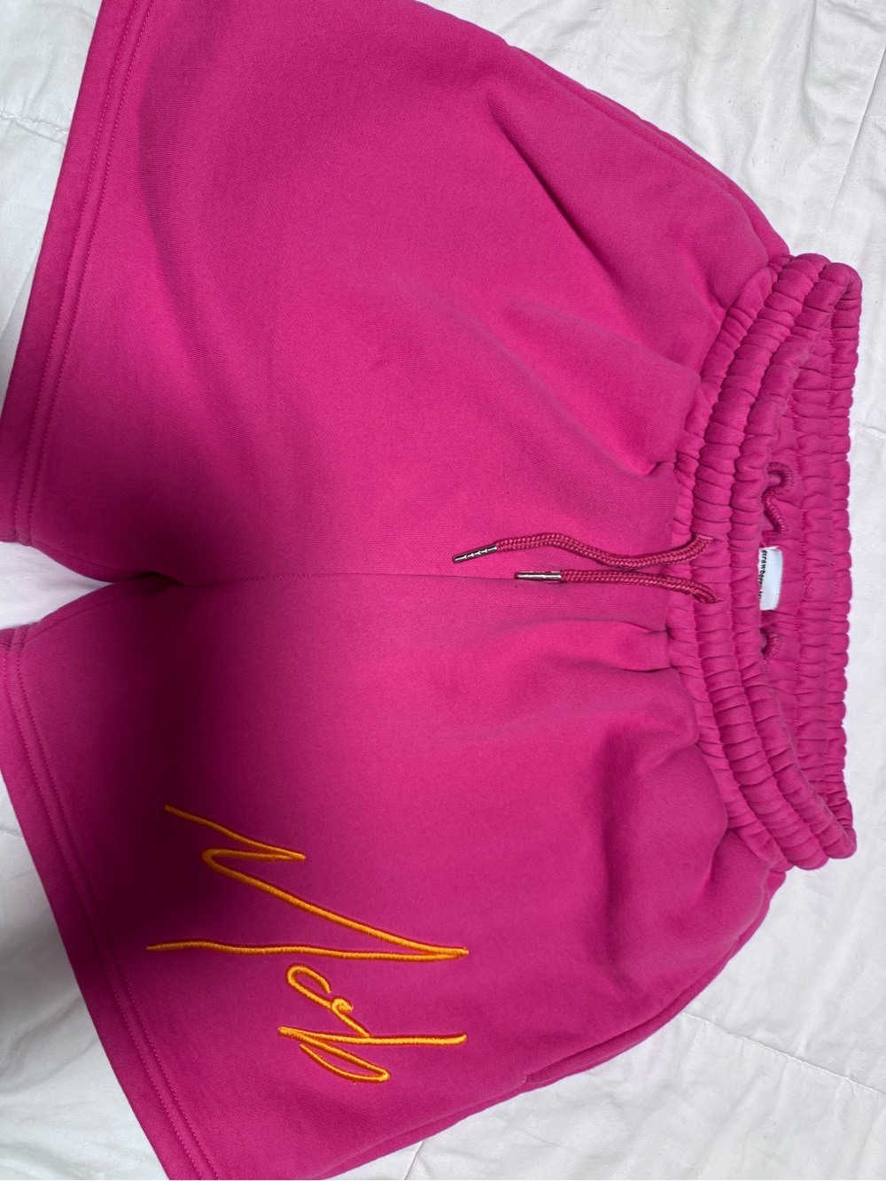 Strawberry Milk Mob Bright Pink Drawstring Athletic Shorts with Yellow Script